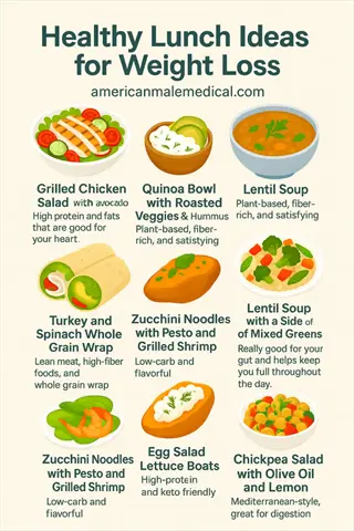 metabolism support foods infographic: healthy lunch ideas for weight loss featuring grilled chicken salad, quinoa bowls, lentil soup, turkey wraps, zucchini noodles, egg boats, and chickpea salads with metabolic benefits