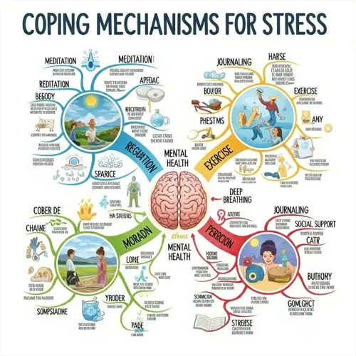 mind map of stress coping mechanisms showing meditation brain benefits, exercise, mental health strategies, and relaxation techniques with illustrated examples