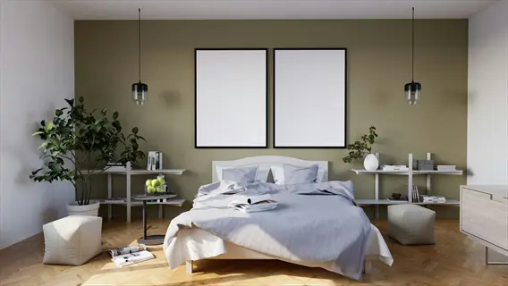 minimalist bedroom design with olive-accent wall, light wood herringbone floor, upholstered bed, floating shelves, potted plants, and pendant lighting - spatial organization