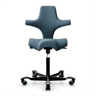 modern blue ergonomic office chair with curved seat, high backrest, and wheeled base for comfortable workspace seating