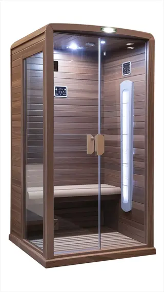modern enclosed infrared sauna cabin with control panels, wooden bench, and interior lighting