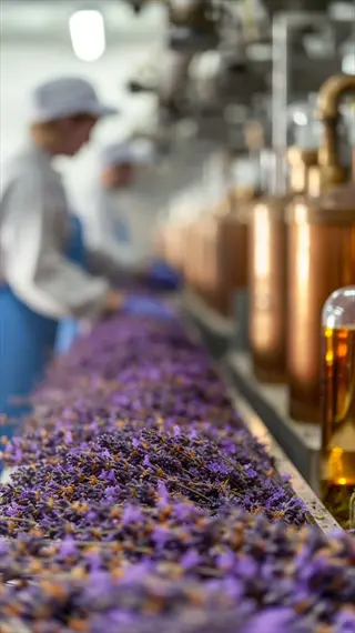 modern essential oil production facility: workers in protective gear processing fresh lavender near copper distillation stills