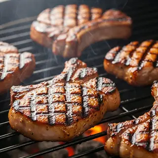 multiple grilled pork chops sizzling on a charcoal grill with smoke rising