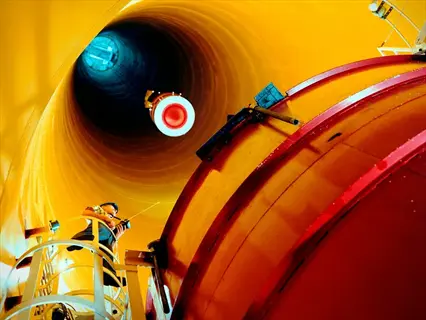 nasa engineer operating in large yellow wind tunnel with red-and-white experimental module during aerospace testing - nasa led research revival