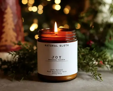 natural sloth 'joy' beeswax candle with essential oils (similar to homemade cinnamon oil candles) burning amidst festive greenery and bokeh lights