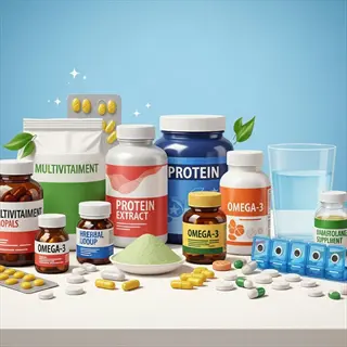 neatly organized assortment of dietary supplements including bottles, packets, pills, and a water glass against blue background