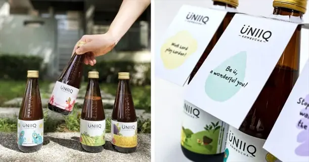 üniiq kombucha bottles: hand holding one outdoors, others with decorative text tags showcasing probiotic drink packaging