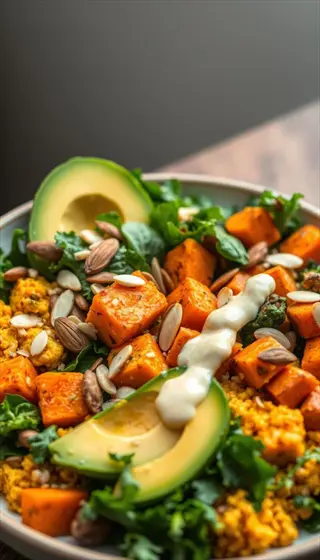 nutritional yeast bowl with roasted sweet potato cubes, avocado slices, almond nuts, and leafy greens on white ceramic plate
