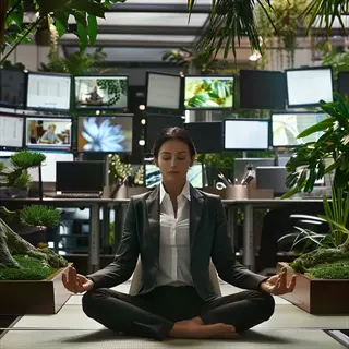 office meditation: businesswoman meditating in lotus pose amidst computers and plants during a work break session