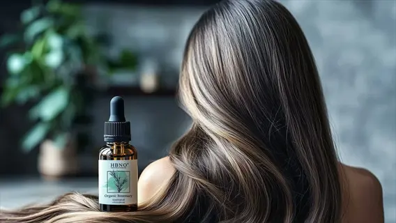 organic rosemary scalp massage oil bottle resting on glossy brown hair against blurred botanical background