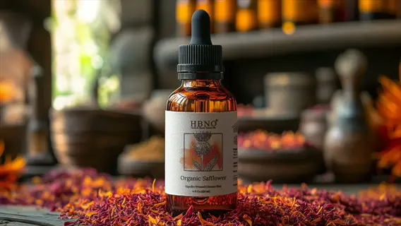 organic safflower pre shampoo oil bottle with dropper amidst safflower petals in herbal apothecary setting