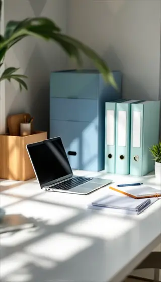 organized office desk with laptop, pastel storage boxes, binders, notebooks, and potted plants in a sunlit workspace