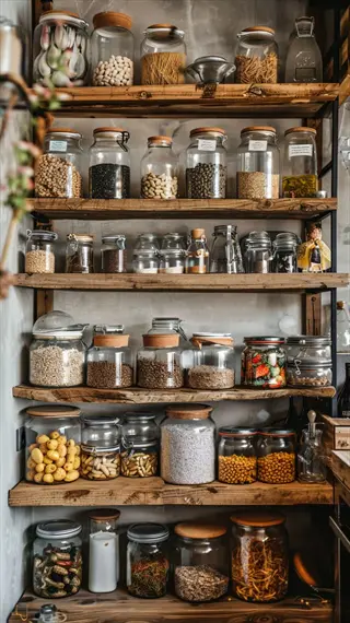 organized pantry shelves with glass jars and containers storing grains, legumes, and dry goods using labeled storage practices