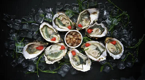 oysters and cashews on ice - zinc-rich seafood and nuts presentation with central bowl and garnishes