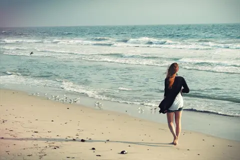 person beach walking shore along ocean with gentle waves, seagulls on wet sand, and coastal birds in flight