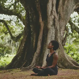 person deep breathing during meditation in nature: seated under a large tree in a serene forest