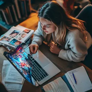 person deeply focused on academic studying with laptop, surrounded by papers, notebook, and study materials, demonstrating phase 2: concentration building