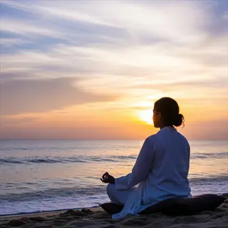 person meditating lake shore at sunset for blue mind therapy, silhouette by ocean with vibrant sky