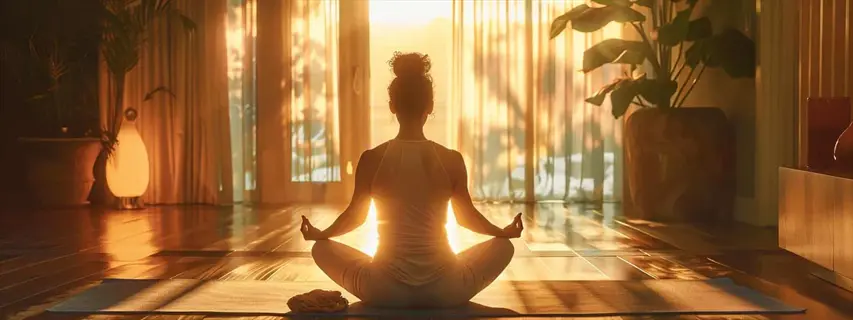 person practicing mindful awareness practice in meditative pose within sunlit living room featuring golden hour light, plants, and cozy interior decor