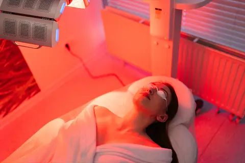 person receiving red light therapy treatment under professional led panels while wearing eye protection in a modern clinic - led technology advancements