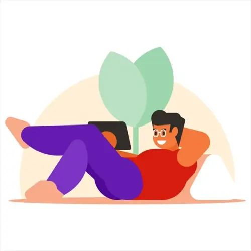 person relaxing without phone: man in red shirt and purple pants reclines on cushion holding tablet, with large plant against pastel background