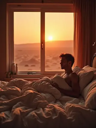 person waking at sunrise: sitting in bed gazing at desert landscape through window with warm morning light