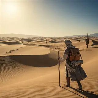 person walking desert hydration: a traveler with backpack and staff crosses vast sun-drenched sand dunes under clear sky, illustrating climate impact on hydration
