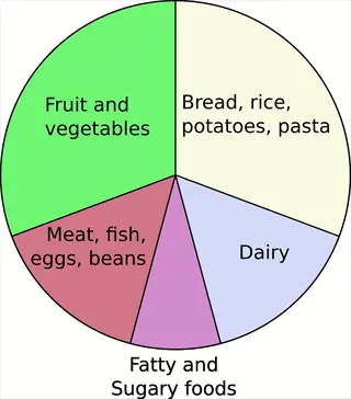 pie chart illustrating a healthy food plate: largest portions for fruit/vegetables and bread/rice/potatoes/pasta, with smaller segments for meat/fish/eggs/beans, dairy, and minimal fatty/sugary foods