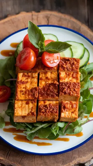 plate of baked nutritional yeast tofu cubes with crispy crust, served on leafy greens with fresh tomatoes, cucumbers, and basil, drizzled with sauce on rustic wooden board