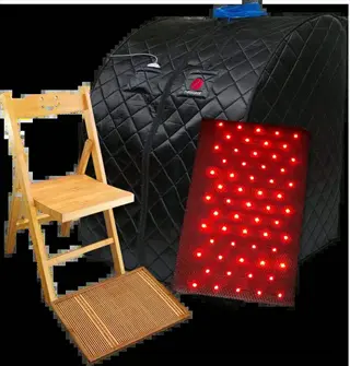 portable infrared sauna with foldable chair, bamboo footrest, and led heating mat
