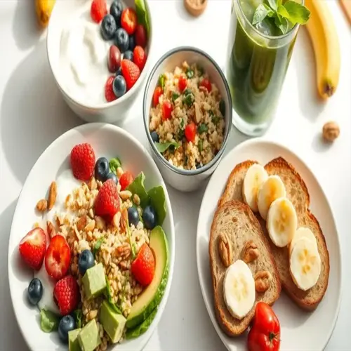 post workout meal ingredients: protein yogurt bowl with berries, avocado & nuts, banana toast, quinoa salad, green smoothie, and fresh fruit