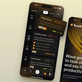 productivity app phone interface showing task cards with progress trackers for projects like 'design system' and 'usability testing' on flowh platform