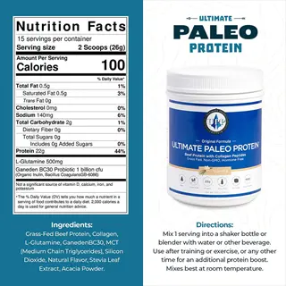 protein supplements: ultimate paleo protein container with nutrition facts, ingredients list, and usage directions. illustrates supplement guidelines for paleo diet support