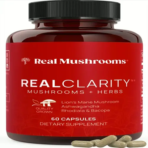real mushrooms realclarity natural sleep supplements arrangement: bottle and capsules with lion's mane, ashwagandha, rhodiola & bacopa herbs (60 capsules)