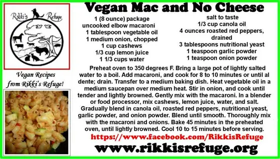 recipe card for vegan mac and no cheese featuring nutritional yeast cheese sauce, with ingredients list, cooking instructions, and photo of finished dish