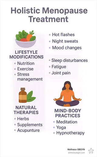 reducing fatigue naturally: holistic menopause treatment infographic showing lifestyle modifications (nutrition, exercise), natural therapies (herbs, supplements), and mind-body practices (meditation, yoga) to address fatigue, hot flashes, and other symptoms