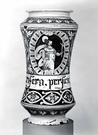 renaissance apothecary jar featuring ornate foliage patterns, a female figure medallion, and the text 'mferg. perfvc.'