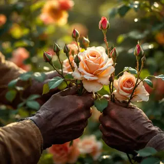 rose farming community members' hands harvesting fresh pink and peach roses in a sunlit garden