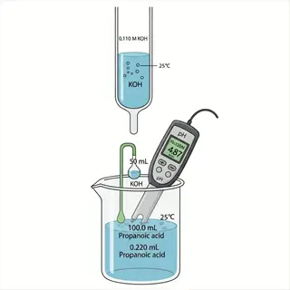 scientific titration setup testing propanoic acid acidity with koh, ph meter showing 4.87 - vinegar acidity test illustration