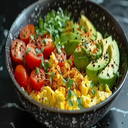 scrambled eggs bowl with avocado, cherry tomatoes, greens, and spices - contains eggs but no banana, oats, or salmon