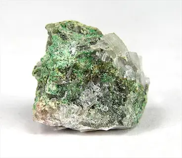 selenium mineral crystals: green and white crystalline mineral specimen with metallic luster against white background