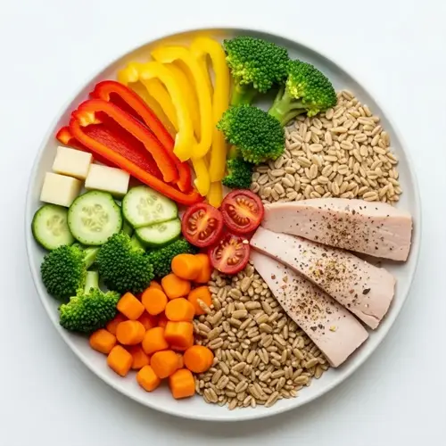 selenium-rich foods plate featuring chicken breast, broccoli, bell peppers, grains, cherry tomatoes, and carrots arranged in a circular composition