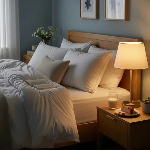 serene meditation for sleep bedroom with cozy bed, nightstand holding milk and pastry, and soft lamplight