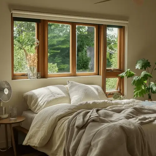 serene sleep hygiene bedroom with natural lighting, cozy bedding, indoor plants, and window view of lush greenery