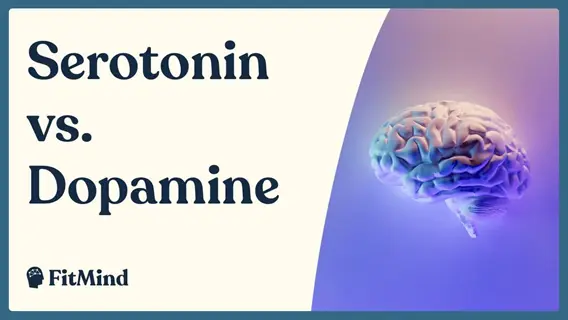 serotonin vs dopamine brain comparison graphic: text title and 3d brain illustration. fitmind neuroscience content on neurotransmitter functions
