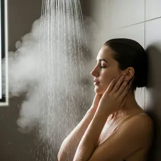 shower meditation: woman with hands near face under flowing water, embracing mindful relaxation in a steamy bathroom environment