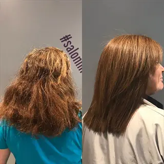 side-by-side hair transformation: frizzy hair before treatment and smooth hair after, with #salonl... hashtag
