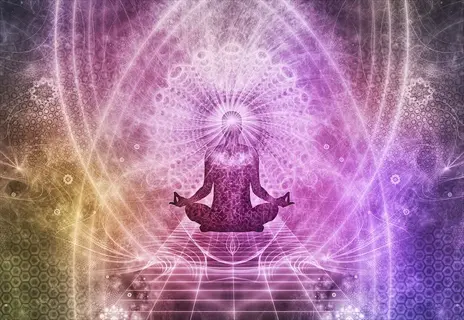 silhouette in lotus position meditating amidst vibrant purple-pink abstract energy patterns, visualizing mindfulness meditation