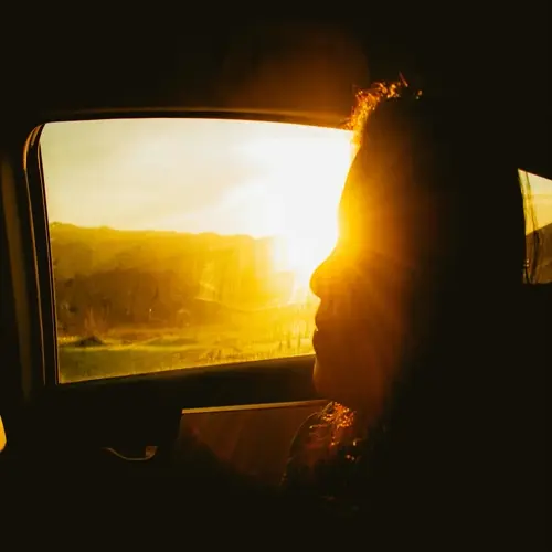 silhouette of a person's face illuminated by warm morning sunlight through a car window, with scenic landscape outside