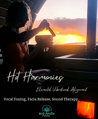 silhouetted woman using singing bowl in sauna at sunset during vocal toning therapy session, with text overlay promoting sound therapy services